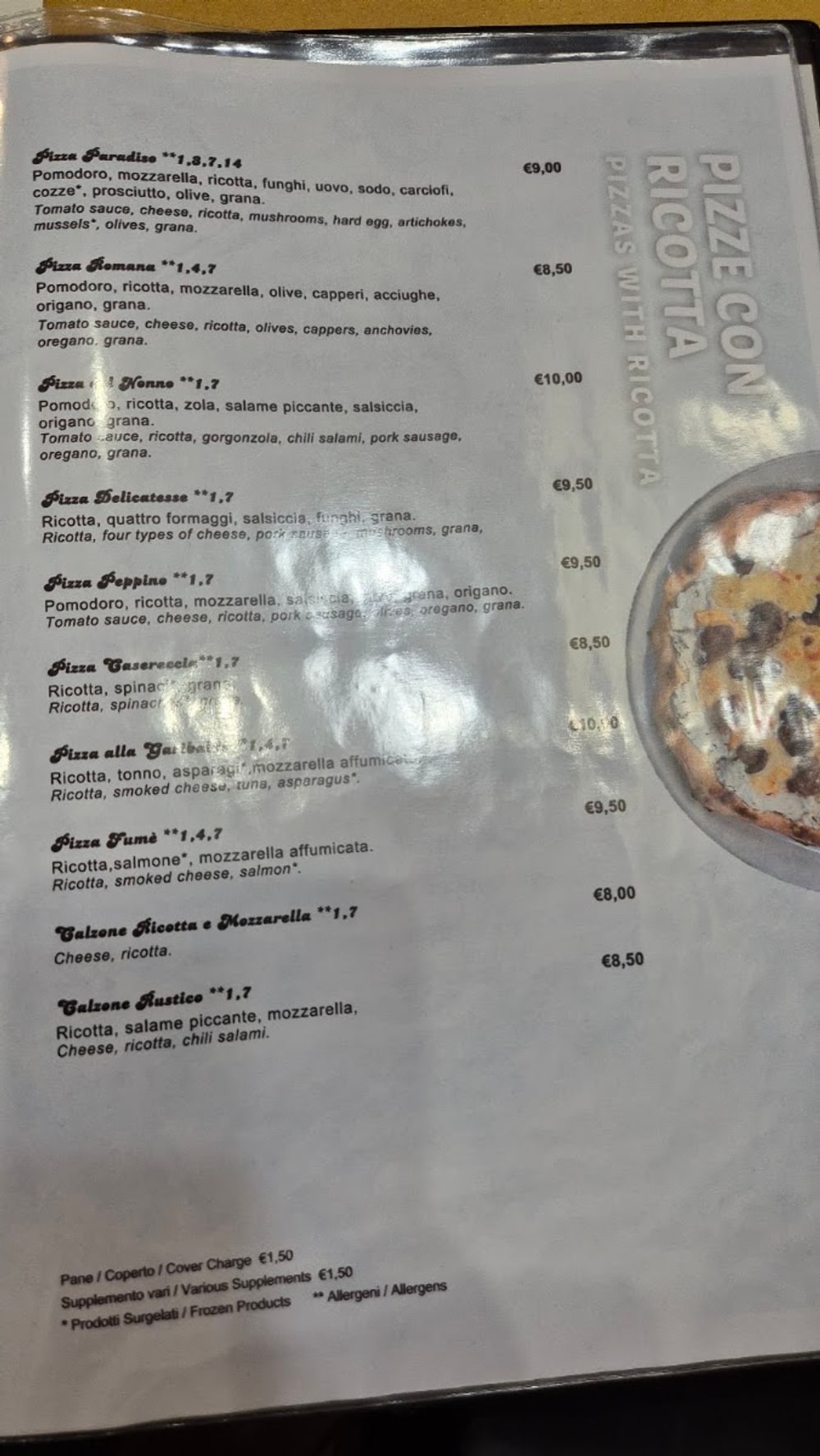 La pagina del menù dedicata alle pizze con la ricotta, con testo italiano e inglese