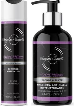 Shampoo e maschera Rebel Yellow, flaconi neri con le fasce viola