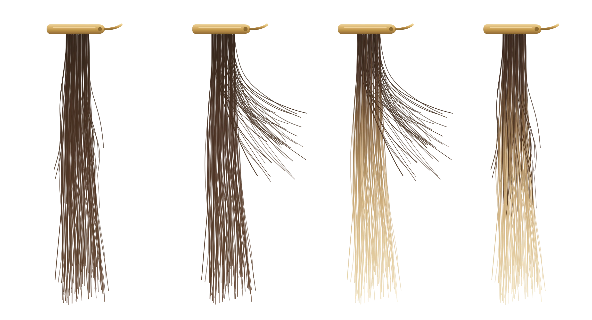 L'air touch in quattro ciocche disegnate: la ciocca castana; l'aria sposta i capelli corti; i lunghi diventano biondi; i corti ricadono fra i biondi