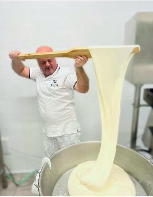 Antonio nel laboratorio solleva con una pala di legno la pasta filata della mozzarella, che si allunga dal secchio d'acciaio