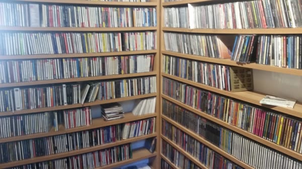 Gli scaffali interni pieni di CD dal pavimento al soffitto