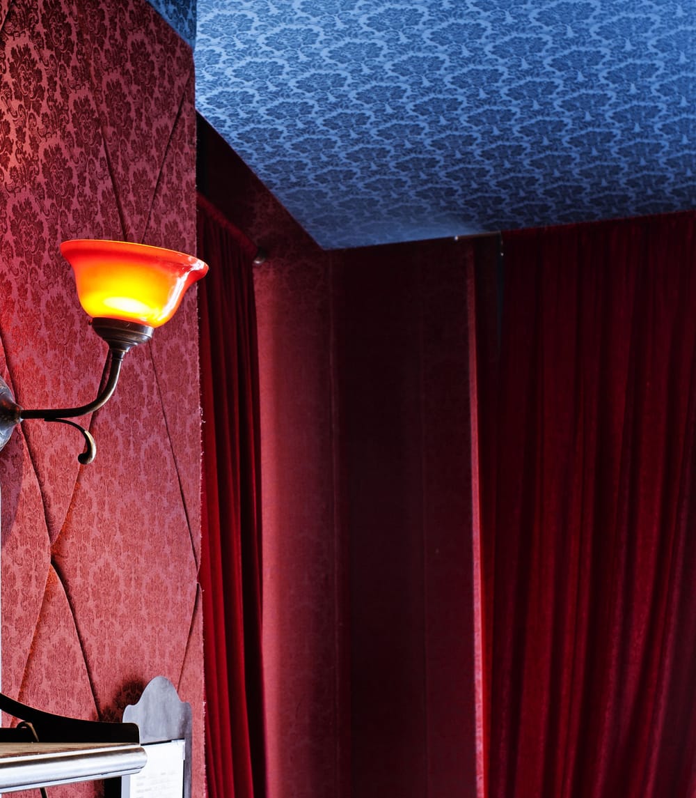 La parete di damasco rosso imbottita, la lampada a coppa accesa, il soffitto blu e le tende di velluto.