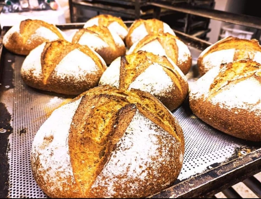 Pagnotte tonde infarinate con la croce aperta dalla cottura, sulla griglia del forno.