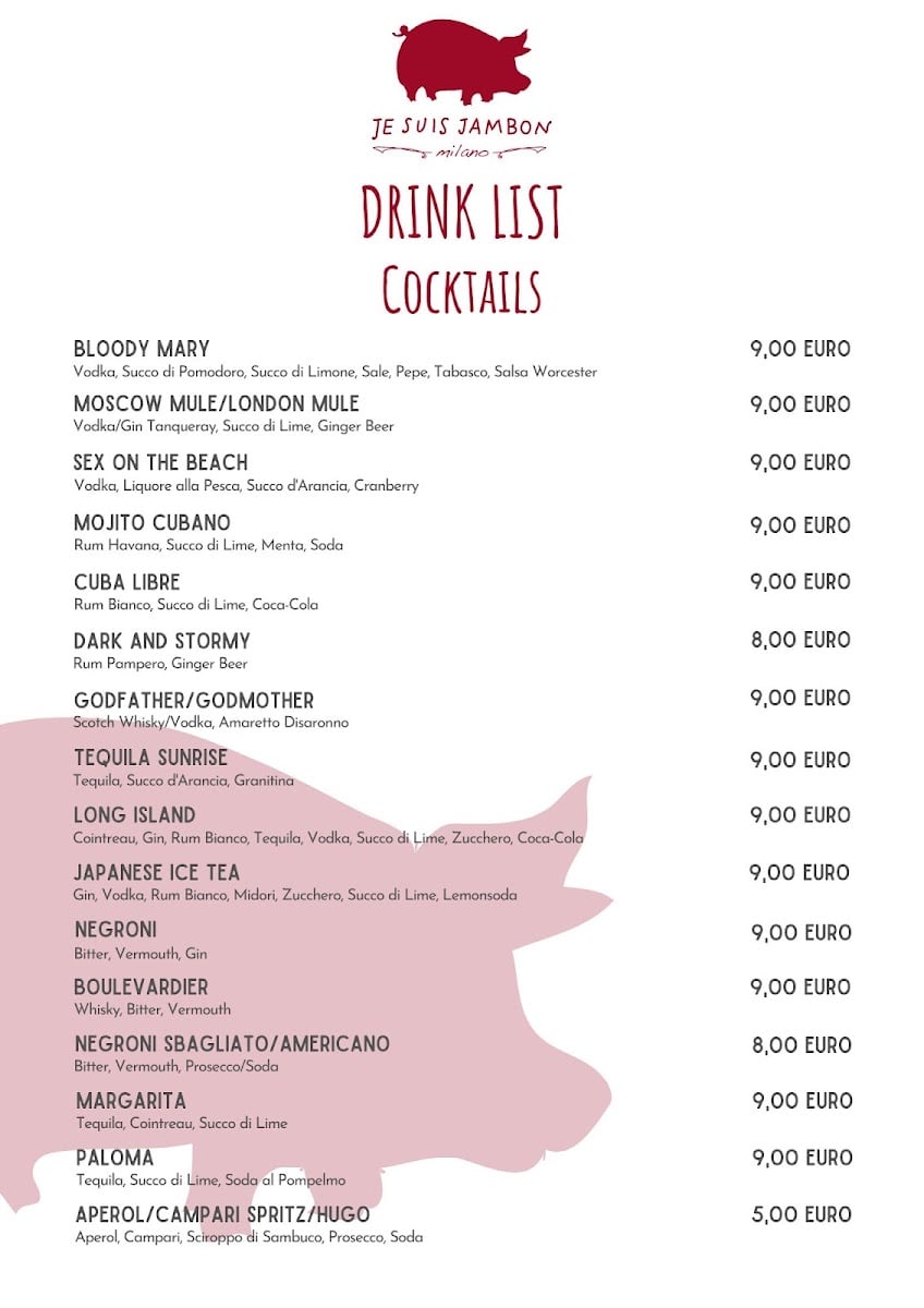 La drink list del locale, con il logo del maialino in alto e l'elenco dei cocktail con i prezzi