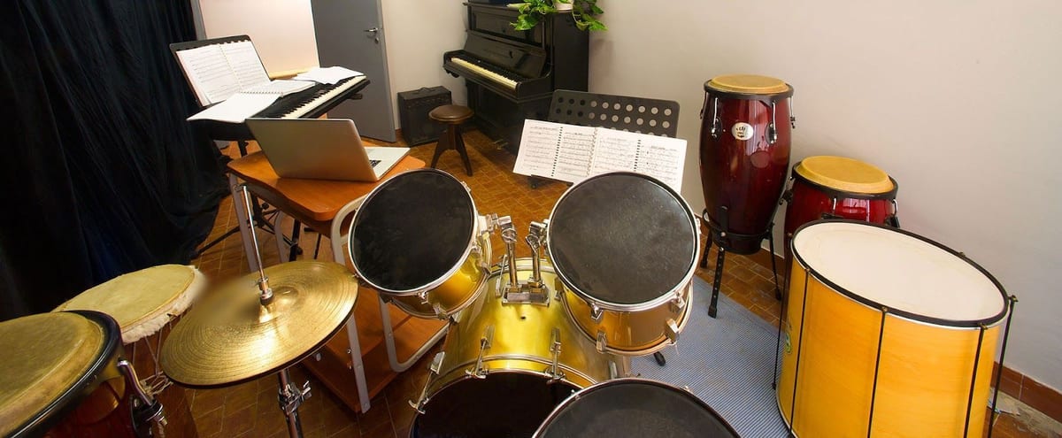 La batteria dorata, i piatti e le congas