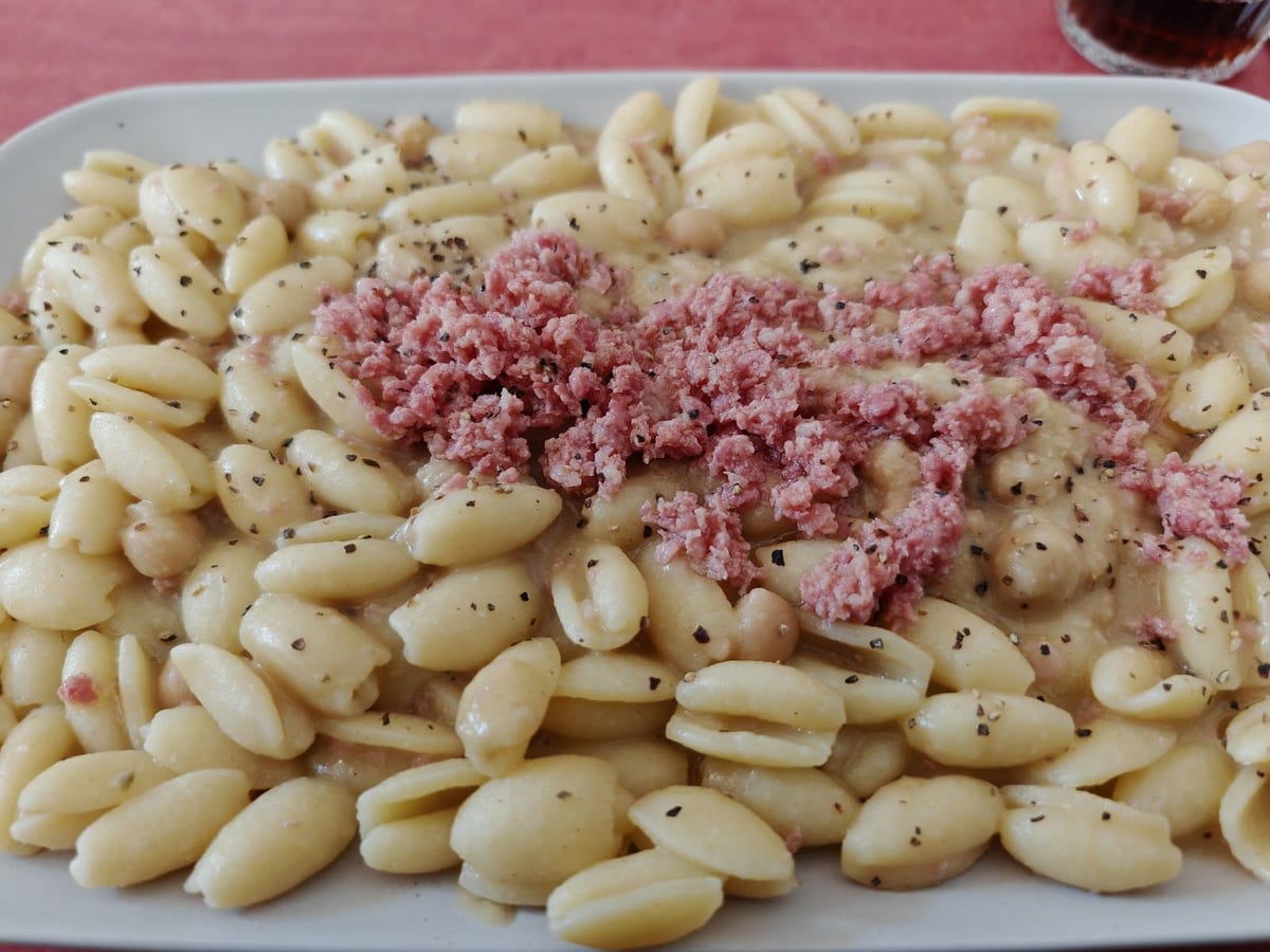 Un piatto di gnocchetti con una crema e la mortadella tritata, sul tavolo rosso.
