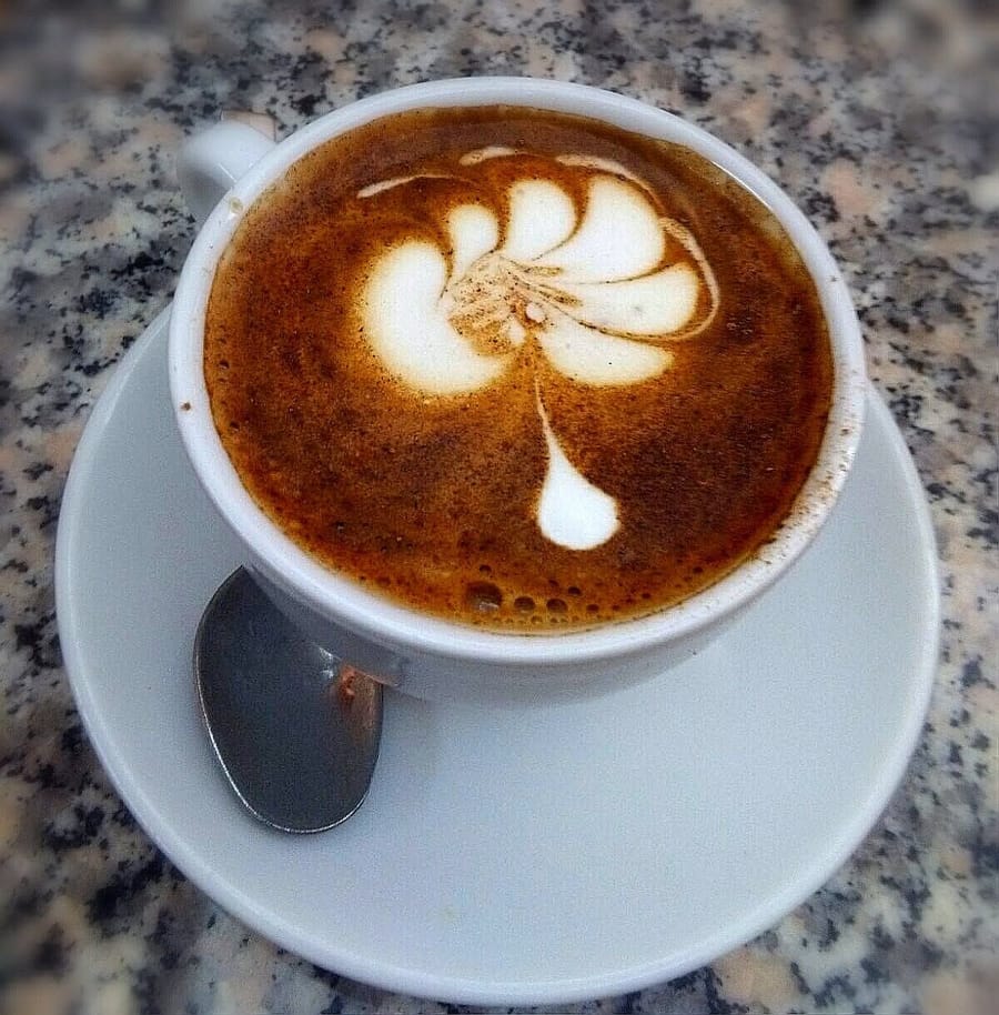 Un cappuccino con la foglia di latte, sul granito.