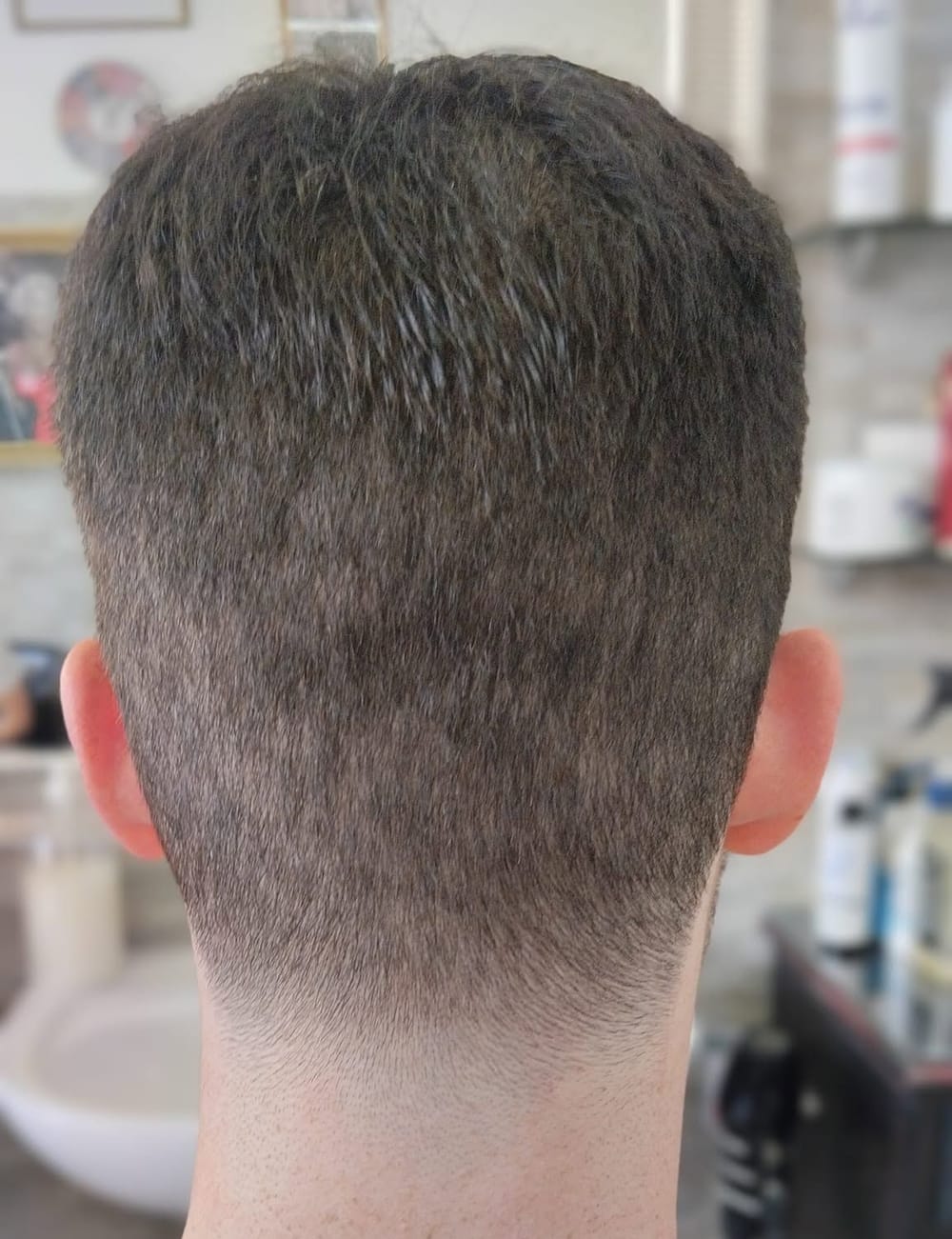 Una sfumatura vista da dietro: i capelli corti e scuri in cima, sempre più corti verso la nuca, fino alla pelle