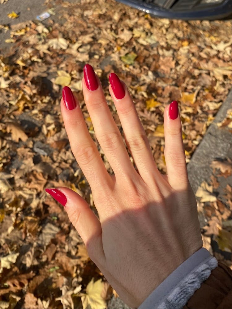 Una mano con le unghie a mandorla rosso scuro, appoggiata sulle foglie secche.
