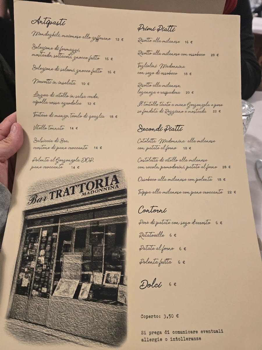 Il menù sulla carta intestata storica della Trattoria Madonnina