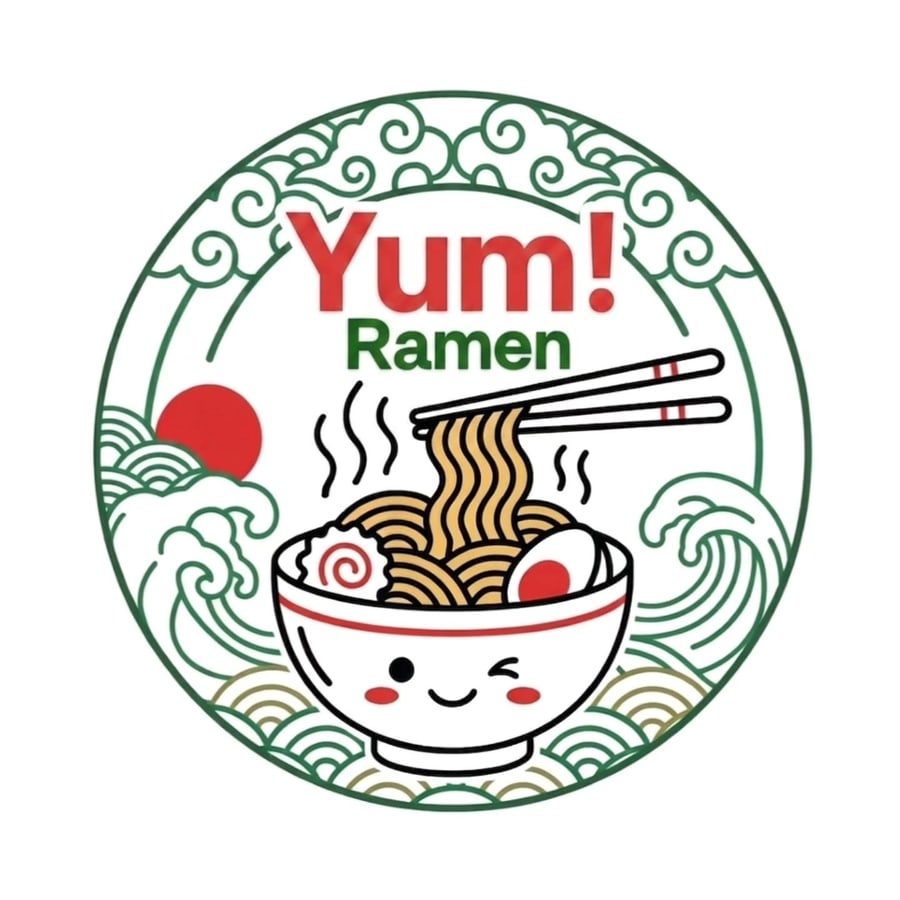 Il logo di Yum! Ramen: un cerchio di onde giapponesi verdi con il sole rosso e una scodella di ramen con le bacchette